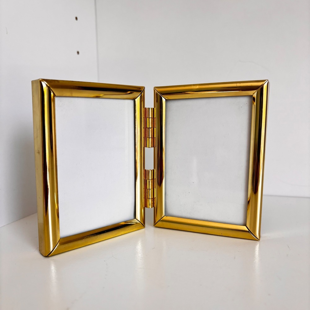 Vintage Brass Small Double Picture Frame Folding Gold Tone 2.5x3.5 Portrait